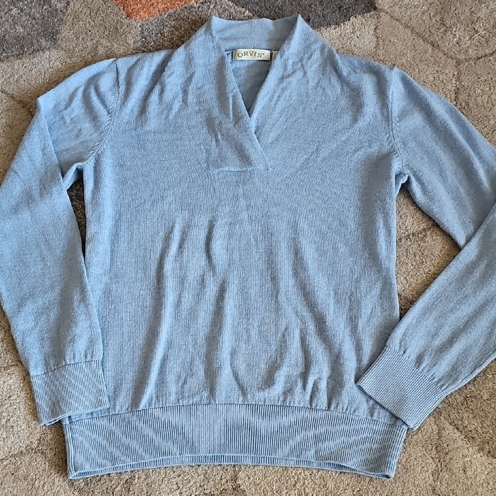 Orvis Blue Merino V-Neck Sweater Soft Knit